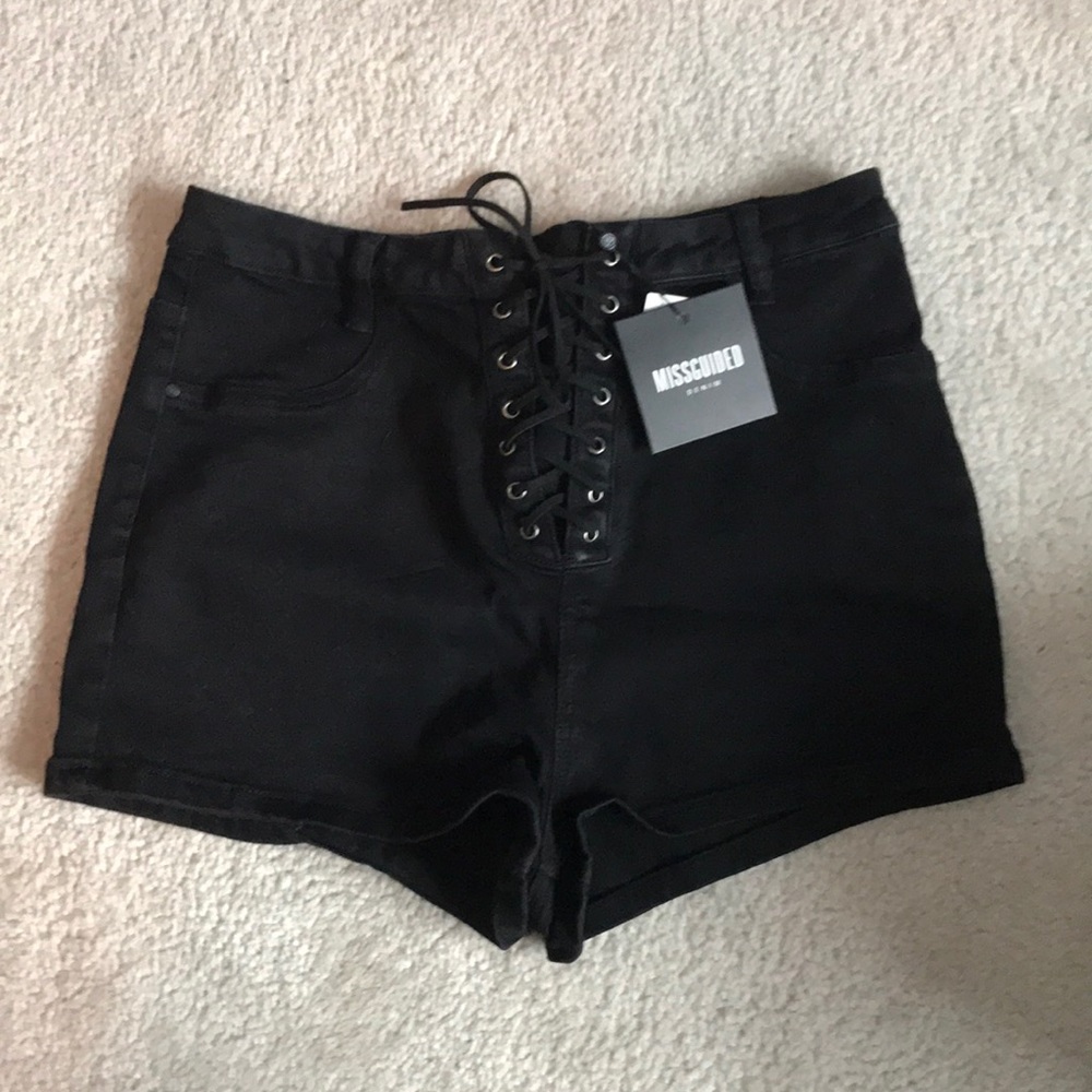 Missguided black lace up high waisted shorts
